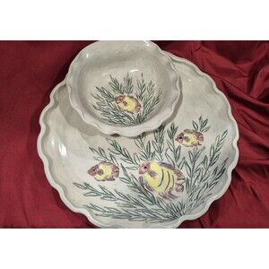 Handmade Artisan Chip And Dip Fish Themed Ocean 11" Around Ceramic Signed READ